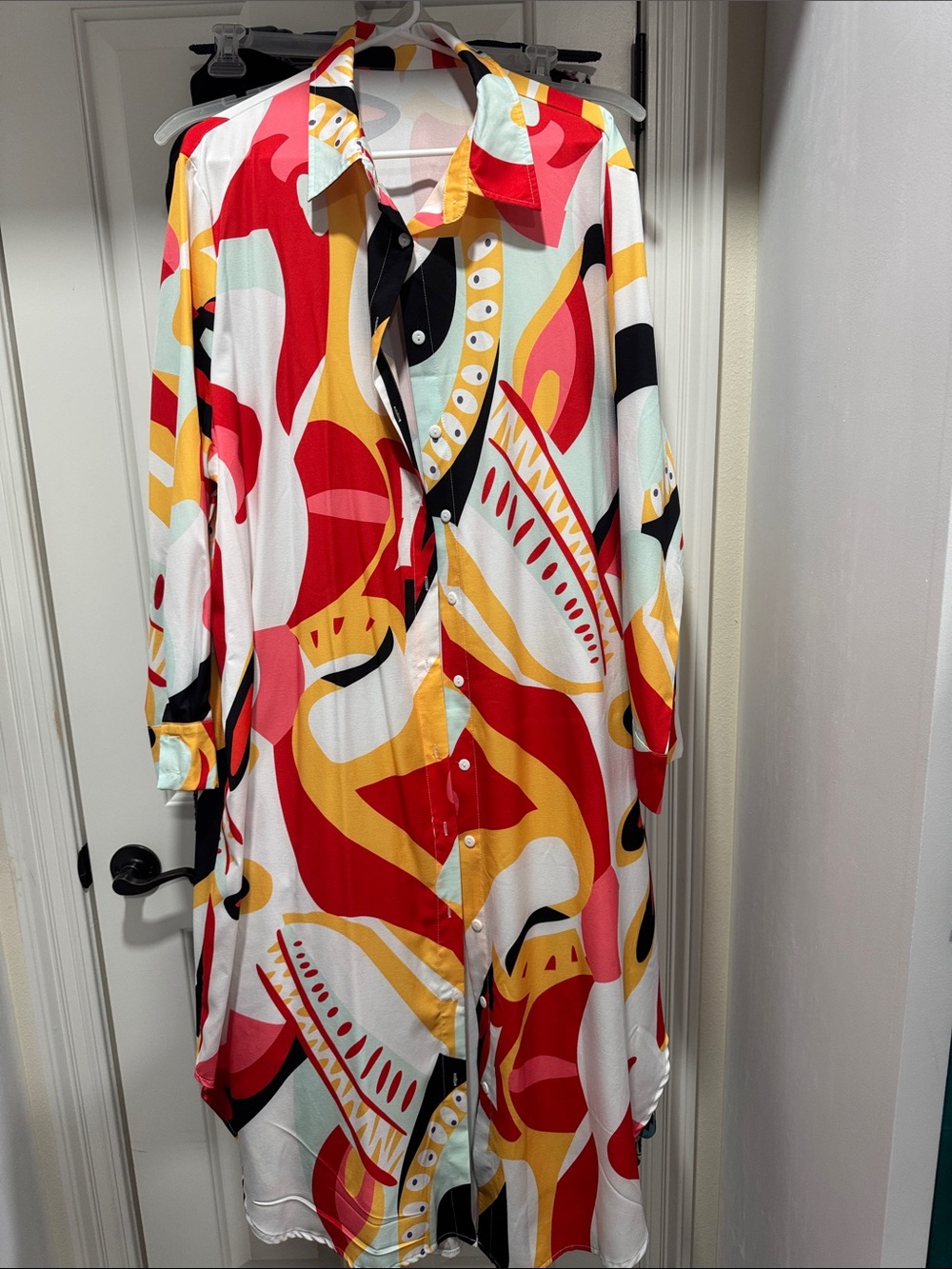 Bold Abstract Print Button-Down Shirt Dress - Red, Yellow, Black, White